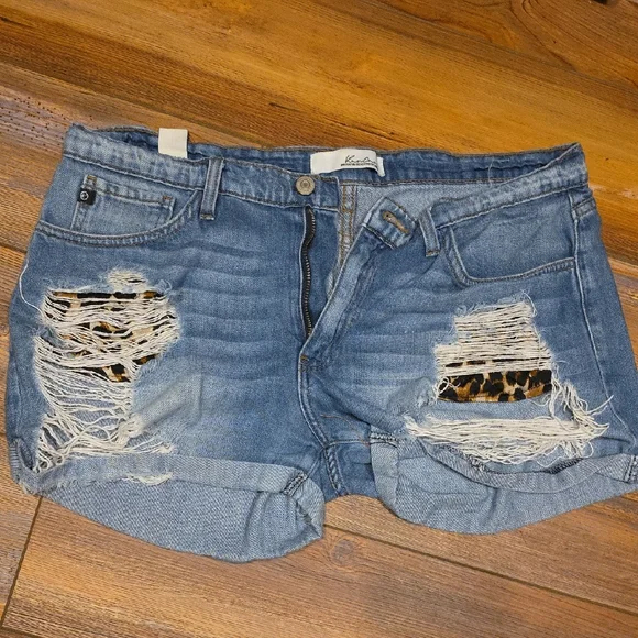 Kancan Blue Ripped Jean Shorts with Leopard Accent - Picture 1 of 5